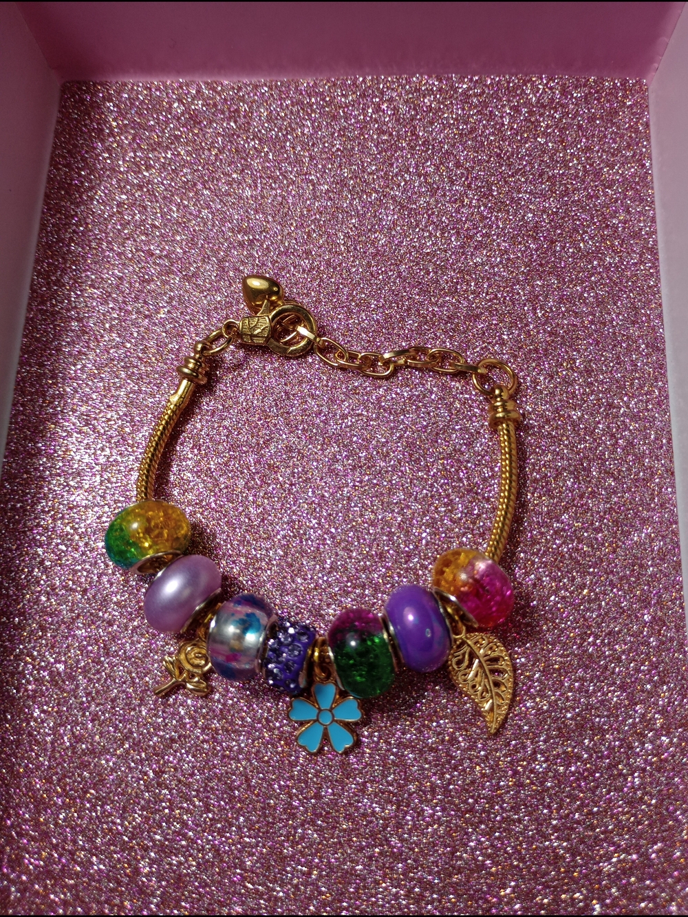 Pandora Style Gold Charm Bracelet with Multicolor Beads and Blue Flower Charm